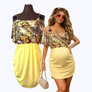 Mom2Bee Maternity Yellow Animal Print Bodycon Dress Size XL Wilderkind Vtg Y2K